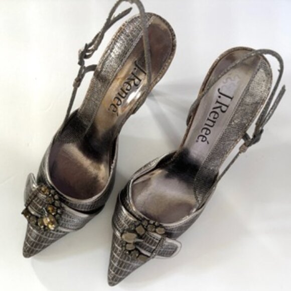 J. Renée Karissa Metallic Croc-Embossed Slingback Heels w/ Jeweled Buckle – Sz 6 - Picture 2 of 6